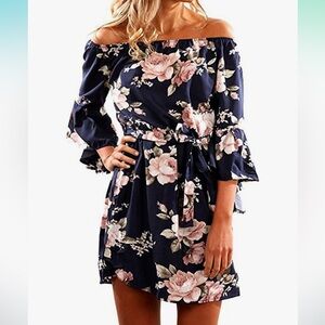 Off the shoulder navy floral midi-dress